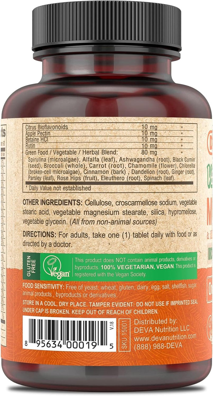 DEVA Vegan Multivitamin and Mineral Supplement - One Daily Vitamin Formula with Greens - Iron Free - 90 Coated Tablets (Pack of 2)