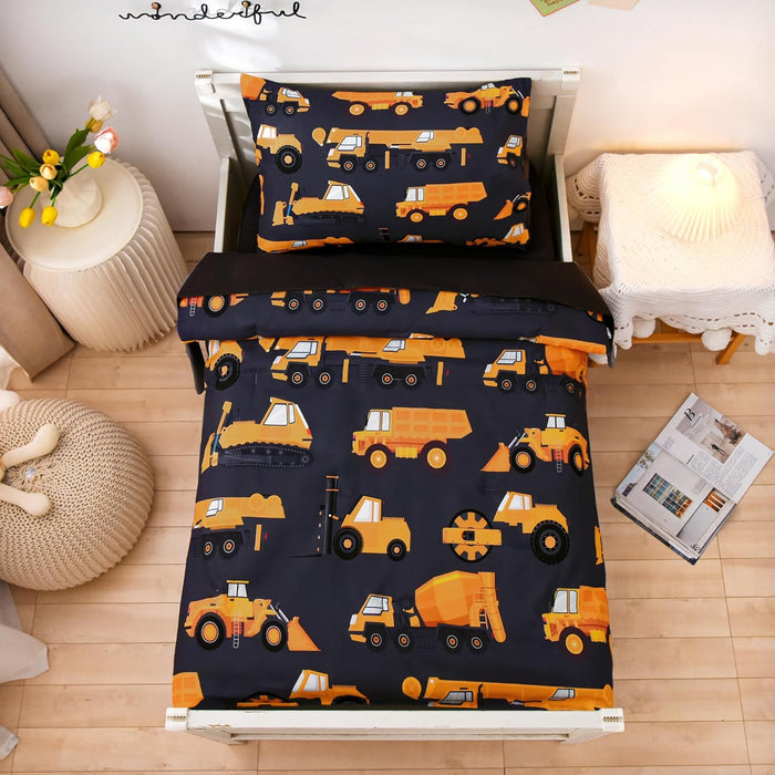 NTBED 4 Pieces Construction Toddler Bedding Set for Baby Boys,Tree Truck Vehicles Excavator Cars Printed, Includes Comforter, Flat Sheet, Fitted Sheet and Pillowcase,Light Grey