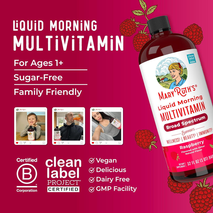 MaryRuth Organics Liquid Morning Multivitamin for Women, Men & Kids | Vitamin A C D E B6 B12 Biotin Zinc | Beauty | Vegan | Non-GMO | Gluten Free | 32 Servings