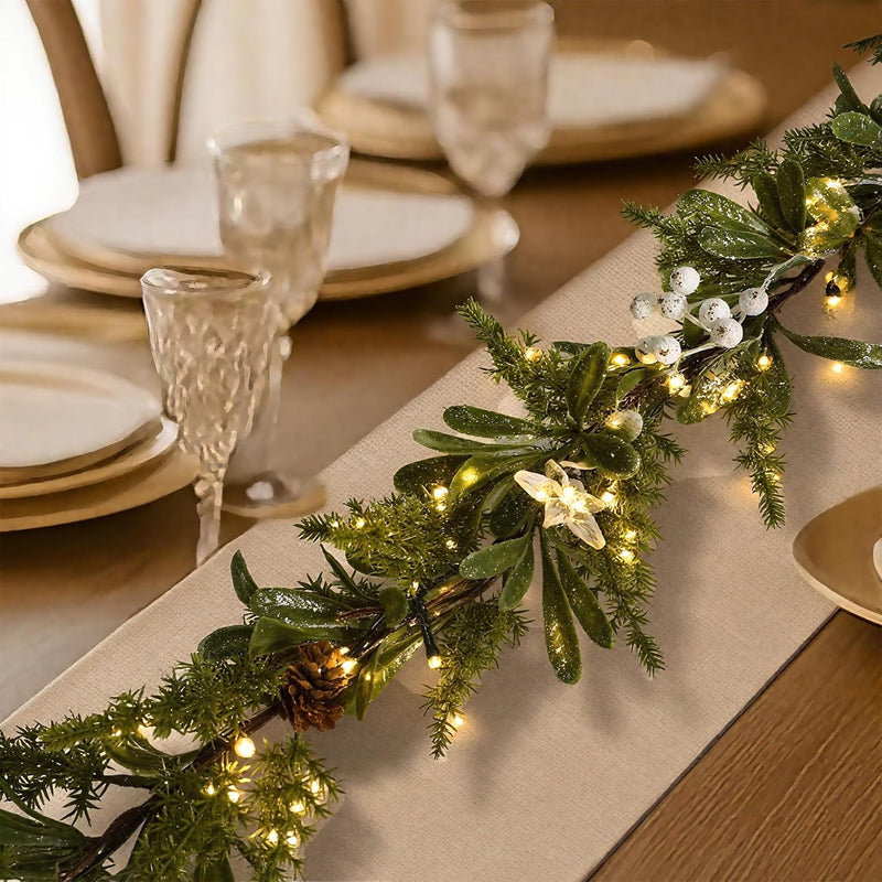 6FT Pre-lit Two-Tone Olive Christmas Garland Set of 2 Battery Operated Artificial Greenery Winter Mistletoe Garland with Timer for Mantle, Stairs Railing, Patio,Table, Window, Front Door Holiday