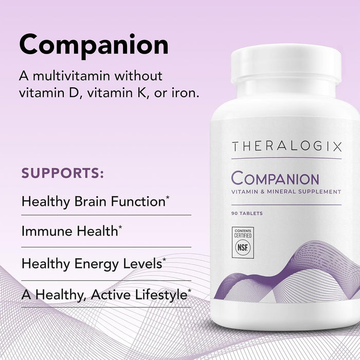 Theralogix Companion Multivitamin & Mineral Supplement - 90-Day Supply - Supplement for Women & Men Without Iron, Vitamin D, or Vitamin K - B Vitamins, Zinc & Magnesium - NSF Certified - 90 Tablets