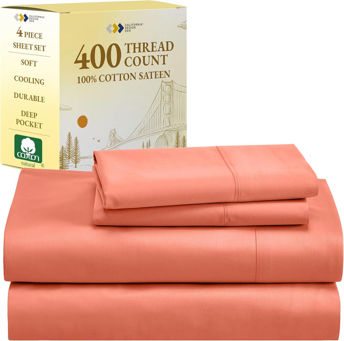 California Design Den Natural 100% Cotton Sheets, Soft Queen Sheet Set, 400 Thread Count Sateen, Deep Pockets with All-Around Elastic for a Snug Fit, Cool & Durable Bedding Set - Black