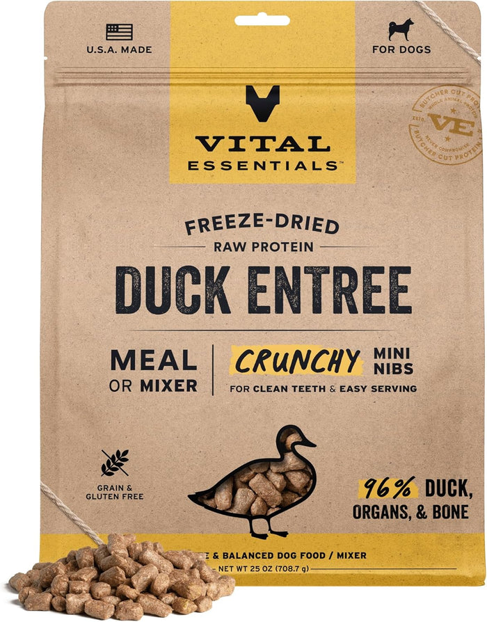 Vital Essentials Freeze-Dried Raw Duck Crunchy Mini Nibs | Complete Meal or Mixer Dog Food | 25 oz
