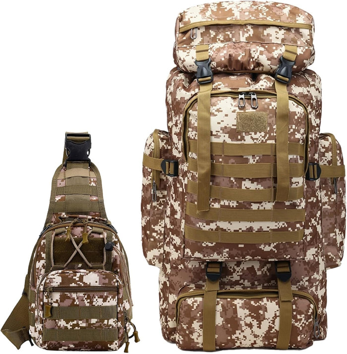 JUMAHE 80L 2-pack Hiking Backpack for Men with Sling Tactical Backpack - Rucksack Molle Military Tactical Waterproof Lightweight Camping Backpack 3 Day Assault Pack for Travel, Climbing, Backpacking