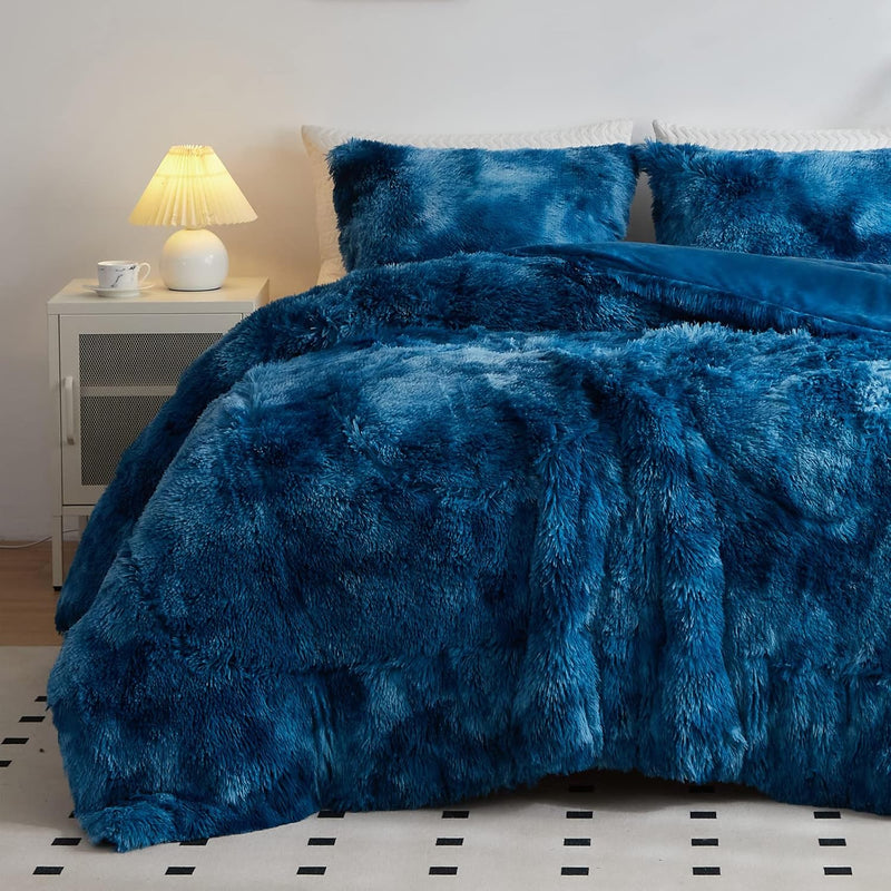 Wajade Faux Fur Plush Rainbow Comforter Set Fluffy Fuzzy Shaggy Bedding Set - 3PC Full Size Microfiber Soft Warm Quilt Set