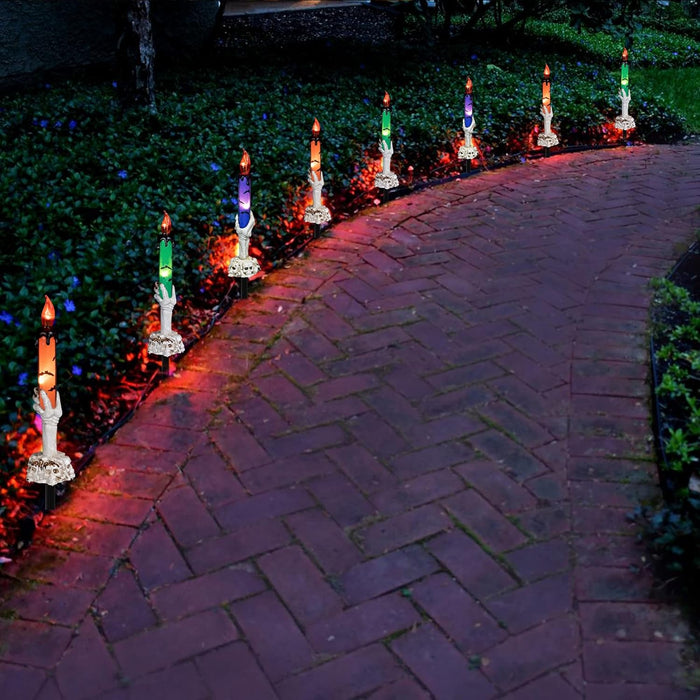 Dazzle Bright Halloween Decorations, 5 Pack Lighted Battery Operated Skeleton Hands Hold Candle with Stakes, Pathway Decor for Indoor Outdoor Party Home Garden