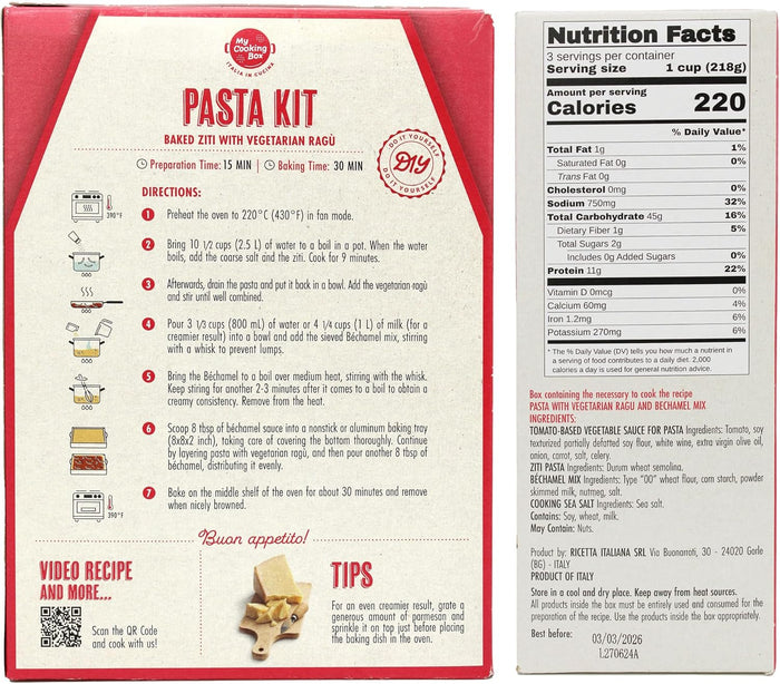 My Cooking Box Pasta Meal Kit, Baked Ziti Pasta Kit, Gourmet Dinner Kit Recipe, Product of Italy, Pre-portioned Ingredients in one Box, 2/3 Servings, Cooking Box, Family Meal