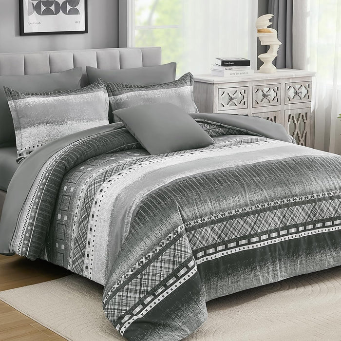 WONGS BEDDING 8 Piece Queen Size Comforter Set, Texture Striped Bed in a Bag Grey Comforter and Sheet Set, Boho Lightweight Microfiber Bedding Set for All Season (90"×90")