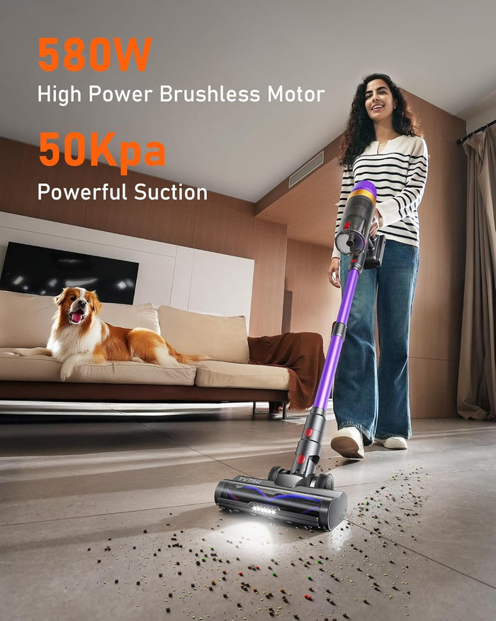 Cordless Vacuum Cleaner, 580W 50Kpa Suction, 70Mins Runtime, Self-Standing Stick Vacuum with LED Display, V-Shape Anti-Tangle Brush for Hard Floor Carpets Pet Hair