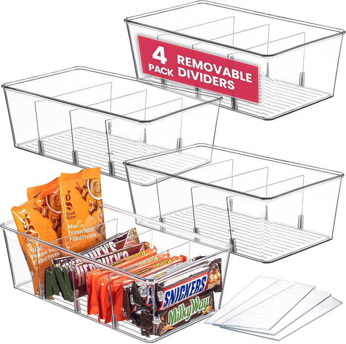 Oizeir Clear Pantry Organizer Bins 8-Pack - Fridge Organizer with 3 Removable Dividers, Ideal for Kitchen, Pantry, Refrigerator, Freezer, and Snack Storage