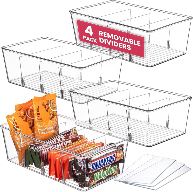 Oizeir Clear Pantry Organizer Bins 8-Pack - Fridge Organizer with 3 Removable Dividers, Ideal for Kitchen, Pantry, Refrigerator, Freezer, and Snack Storage