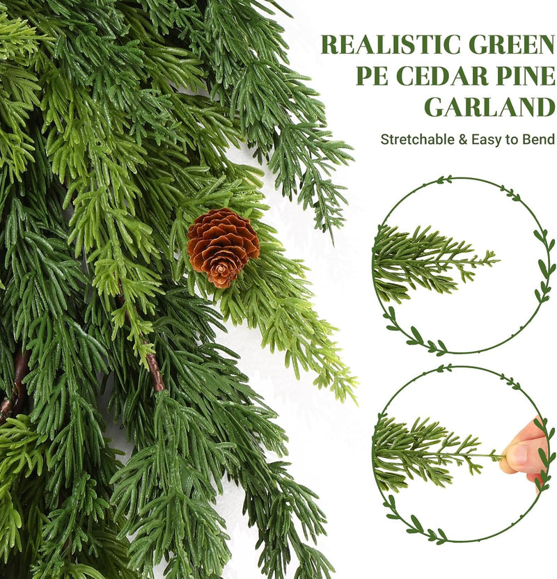 2PCS Christmas Garland, Cedar Garland -Realistic Greenery Cypress Pine Garland with Pinecone for Mantle Table Railing Fireplace Indoor & Outdoor Christmas Decoration