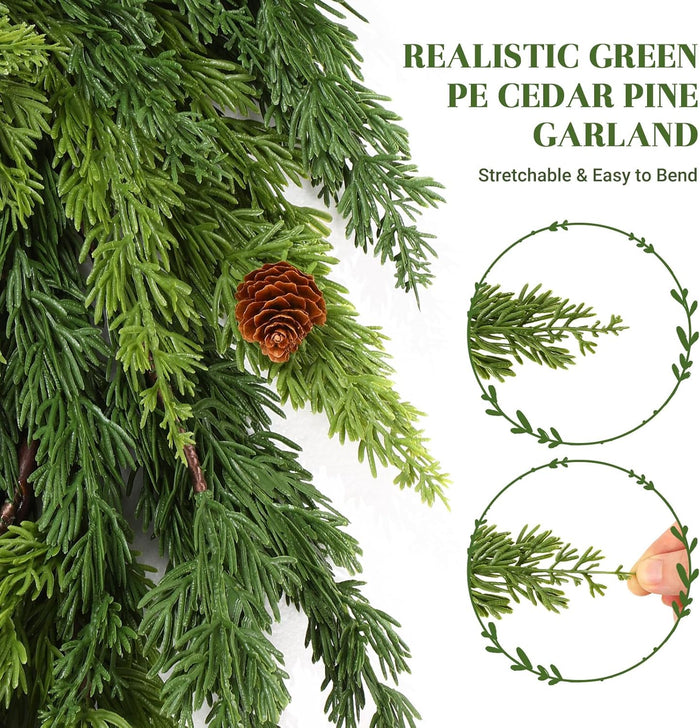 2PCS Christmas Garland, Cedar Garland -Realistic Greenery Cypress Pine Garland with Pinecone for Mantle Table Railing Fireplace Indoor & Outdoor Christmas Decoration
