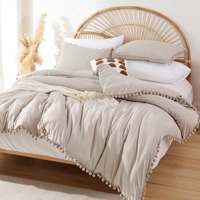 YIRDDEO Queen Comforter Set - Comforter Queen Size Sets with Ball Pom Fringe, Soft Bedding Set for All Seasons - 3 Pieces, 1 Comforter (90"x90") & 2 Pillow Shams (20"x26"), Taupe