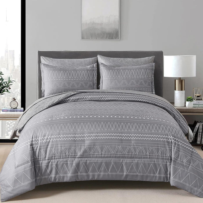 WONGS BEDDING Boho Comforter Set King Size,7 Pieces Grey White Geometric Bohemian Bed in a Bag Comforter Complete Striped Bedding Set for All Season with Sheets,Pillowcases & Shams Soft Microfiber
