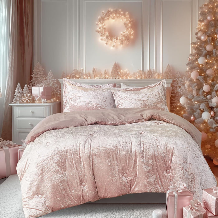 Comfort Spaces Juliette Luxe Comforter Set Velvet Lush with Soft Brushed Microfiber Reverse, All Season Cozy Velvet Bedding Sets, Fluffy Comforter Bed Set, Matching Sham, Blush King 3 Piece