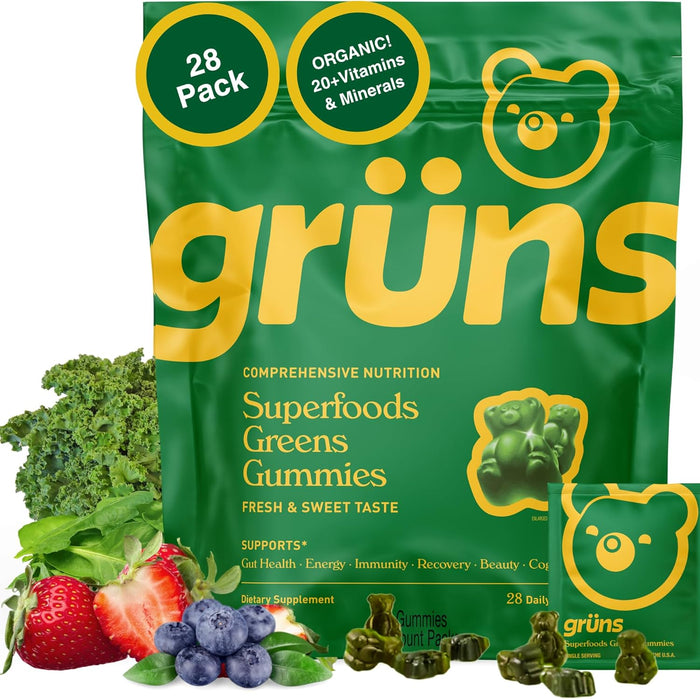 Gruns Adult Sugar-Free Super Greens Gummies, Superfood Gummy Bears with Spirulina, Chlorella, Fiber & Prebiotics for Digestive Health, Adaptogens Supplement with 20 Vitamins & Minerals, 28 Packets