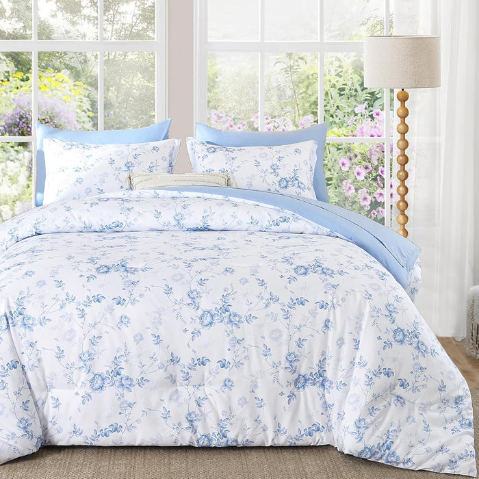 Luxudecor Floral Queen Comforter Set 7 Pieces Bed in a Bag, Sage Green Flower with Bird Bedding Set, Soft Reversible Comforter with Sheet Set 90"x90"