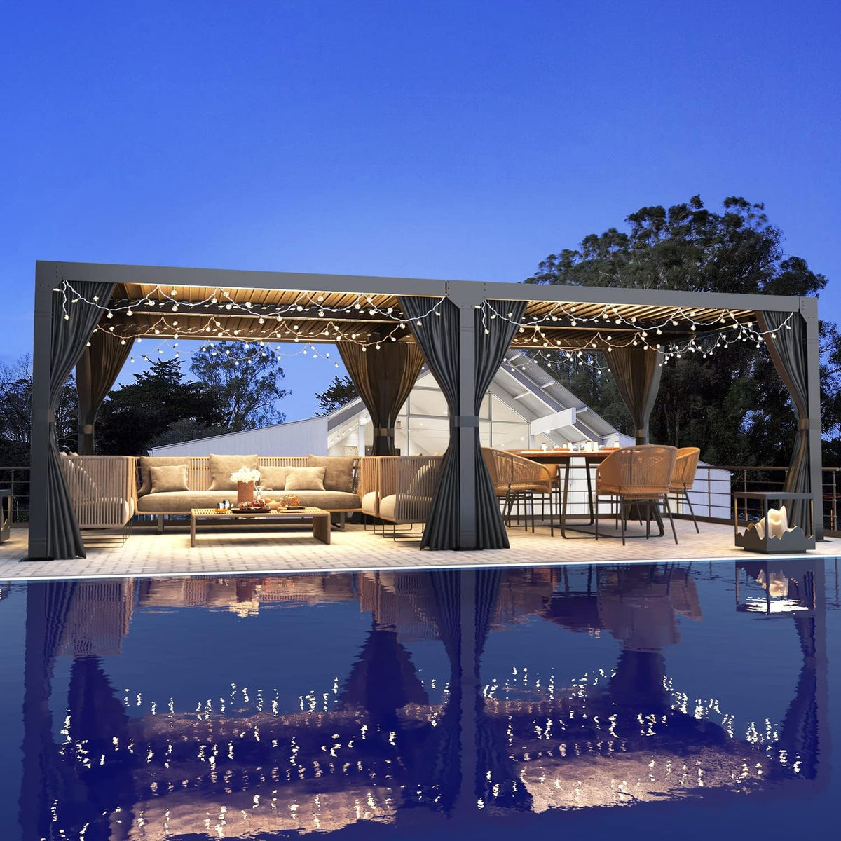 MELLCOM Louvered Pergola - 10x10 Aluminum Pergola with Adjustable Louvered Roof, Waterproof Curtains and Nets, Gray
