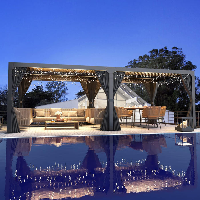 MELLCOM Louvered Pergola - 10x10 Aluminum Pergola with Adjustable Louvered Roof, Waterproof Curtains and Nets, Gray