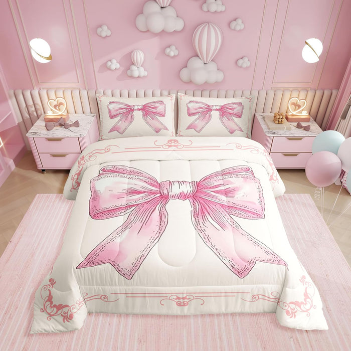 Erosebridal Ribbon Pink Bow Queen Comforter Set,Cute Pink Bows Bedding Set for Girls Teen Kids Bedroom Decor,Coquette Bowknot Bed Set Princess Bowtie Bedding Comforter Sets,2 Pillowcases