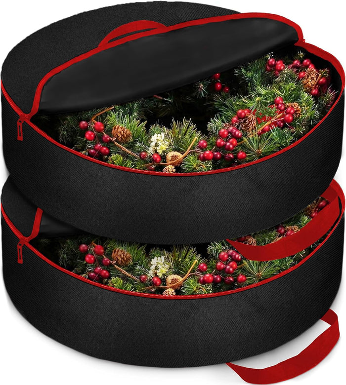ZOBER 2 Pack Oxford Christmas Wreath Storage Container 30 Inch - Wreath Bag for Artificial Wreaths Box - Waterproof Fabric, Dual Zippered Wreaths Storage Bag With Strong Durable Handles - Red