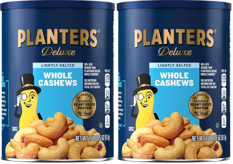 PLANTERS Deluxe Salted Whole Cashews, Party Snacks, Plant-Based Protein, Quick Snack for Adults, After School Snack, Roasted Cashew Flavored with Sea Salt, Bulk Nuts, Kosher, 1 lb 2.25oz Canister
