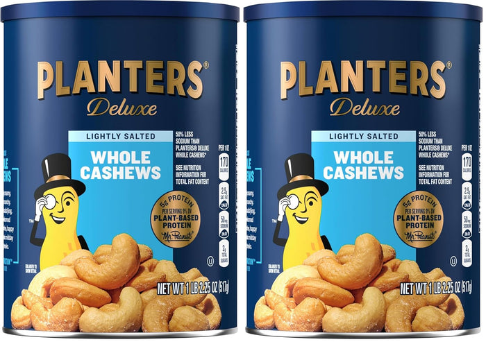 PLANTERS Deluxe Salted Whole Cashews, Party Snacks, Plant-Based Protein, Quick Snack for Adults, After School Snack, Roasted Cashew Flavored with Sea Salt, Bulk Nuts, Kosher, 1 lb 2.25oz Canister