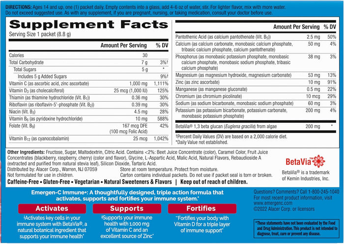 Emergen-C Immune+ Triple Action Immune Support Powder, BetaVia (R), 1000mg Vitamin C, B Vitamins, Vitamin D and Antioxidants, Raspberry, Back to School Essentials – 30 Count