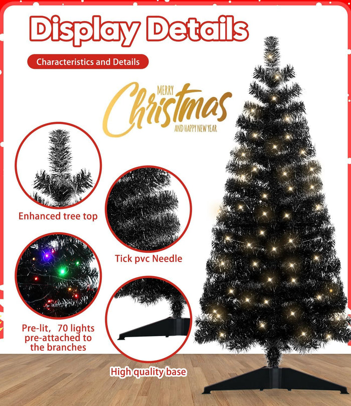 Pre-Lit Artificial Christmas Tree, Warm White Lights, Colorful Lights, Includes Stand, 4 feet (Black)