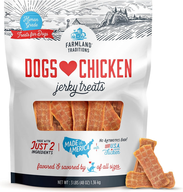 Farmland Traditions Dogs Love Chicken Jerky Dog Treats, Premium Two-Ingredient Dog Jerky with USA-Raised Chicken, 3-Pound Bag