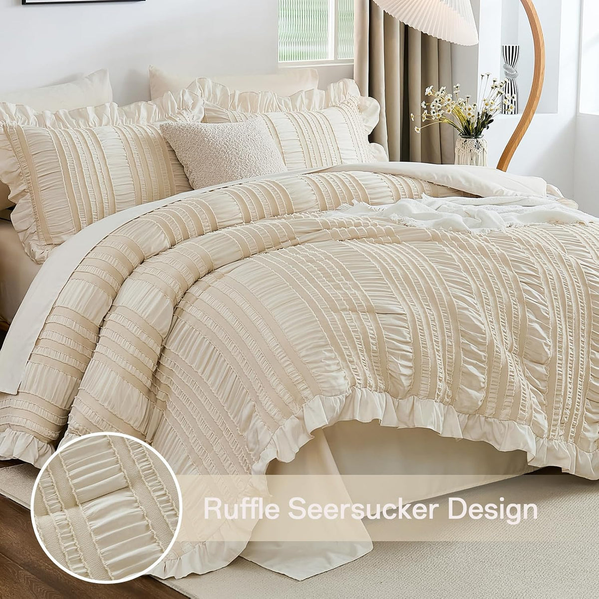 WONGS BEDDING Queen Comforter Set,Beige Cute Ruffle Comforter for Queen Bed, 7 Pieces Bed in a Bag Seersucker Shabby Chic Bedding Set 90"×90"