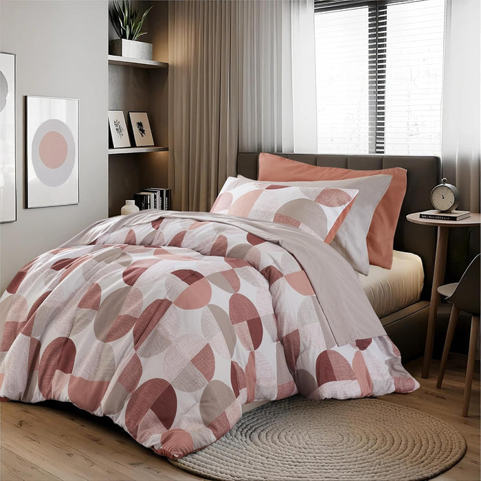 Stylish Three-Tone Printed Full Size Comforter Set, Bed in a Bag 9-Piece Bedding Set, Ultra-Soft Microfiber Comforter and Sheets Set, Warm and Cozy for All Seasons, Navy Blue & Grey