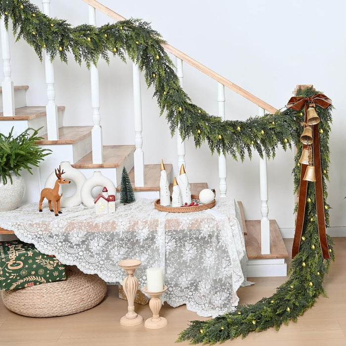 Waipfaru 1 Pcs 9FT Christmas Garland with Lights, Cedar Garland Artificial Realistic, Thick & Lush Faux Pine Garland for Mantle Fireplace Wall Party Outdoor Indoor Christmas Decorations