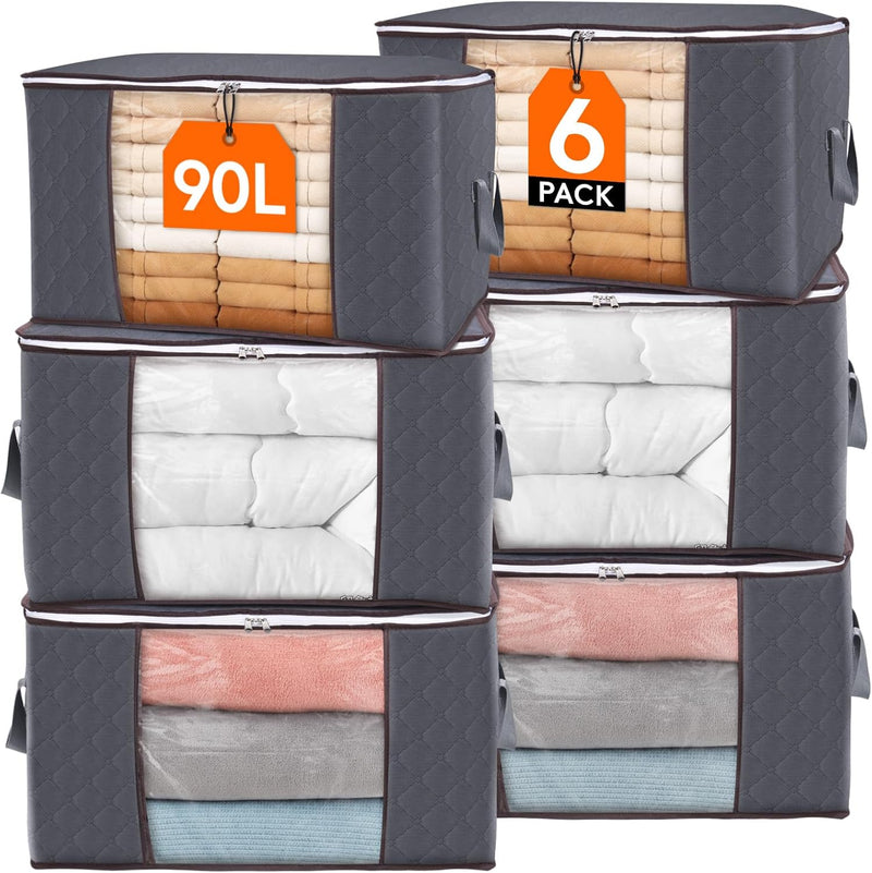 Lifewit 6 Pack Clothes Storage Bins with Lids, Foldable Blanket Storage Bags with Zippers, Clear Window and Reinforced Handles, Closet and Organization for Clothing, Sweater, Comforter, Bedding, Gray