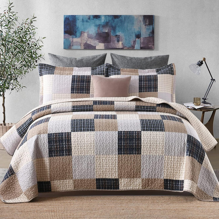 Finlonte Quilts Queen Size - 100% Cotton Queen Comforter Set Green Moonbeam White Plaid Farmhouse Quilt Bedding Set, Reversible Lightweight Soft Bedspread, Quilted Coverlet All-Season, 3-Piece