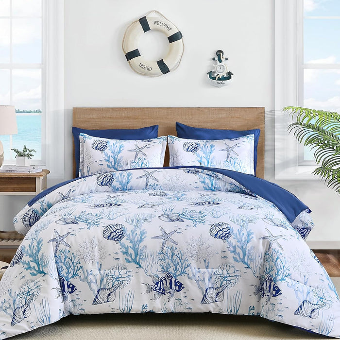 WONGS BEDDING Coastal Comforter Set Queen, Beach Themed Comforter,7 Pieces Ocean Nautical Seaweed & Starfish Bed in a Bag (90"×90")