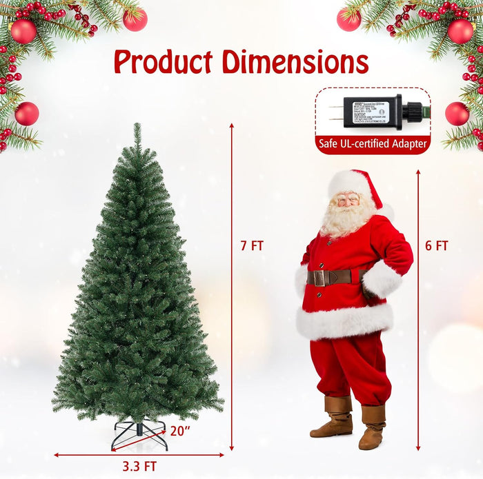 Goplus 7ft Pre-Lit Christmas Tree, Artificial Hinged Xmas Tree with 250 Warm White LED Lights, 8 Lighting Modes & Gloves, 830 PVC Branch Tips, for Home Office Decoration