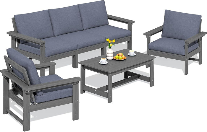 SERWALL HDPE Patio Furniture Set, 7-Piece Outdoor Sectional Sofa Set, All Weather Outdoor Couch Set for Deck, Lawn, Black Frame with Khaki Cushion