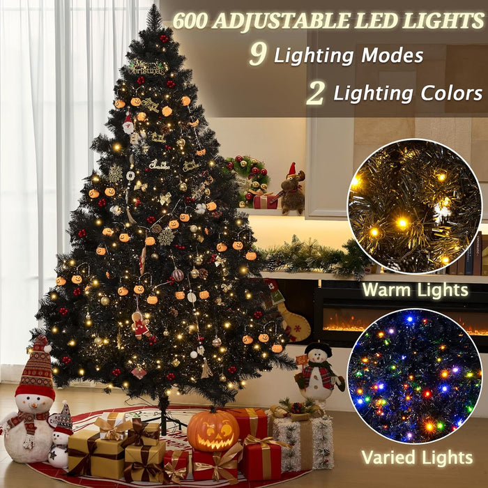 7.5FT Black Artificial Christmas Tree Prelit with 1600 PVC Branch Tips, Auto Hinges & 600 Lights & 9 Modes, Seasonal Holiday Party Decorations with Sturdy Metal Stand
