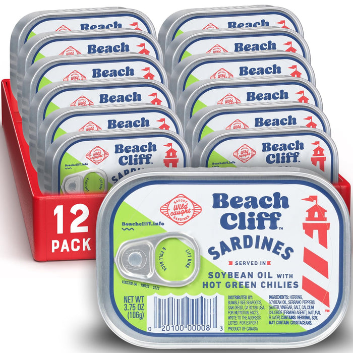 Beach Cliff Wild Caught Sardines in Soybean Oil with Hot Green Chilies, 3.75 oz Can - 17g Protein per Serving - Gluten Free, Keto Friendly - Great for Pasta & Seafood Recipes (Pack of 2)