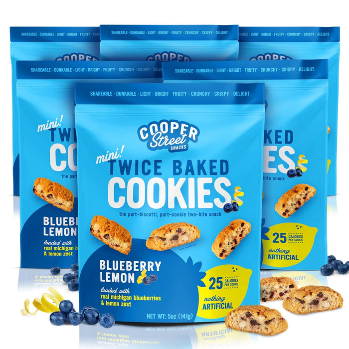 Cooper Street Twice Baked Lemon Blueberry Biscotti Cookies - Light, Crispy Mini Biscotti Cookies Ideal with Coffee - Traditional Low Calorie Italian Snacks - Kosher, Dairy, Peanut & Soy Free (6 Pack)