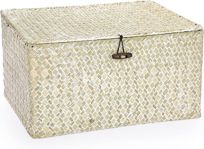 Hipiwe Wicker Shelf Baskets Bin with Lid, Handwoven Seagrass Basket Storage Bins Rectangular Household Basket Boxes for Shelf Wardrobe Home Organizer, Coffee Small