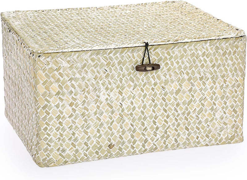Hipiwe Wicker Shelf Baskets Bin with Lid, Handwoven Seagrass Basket Storage Bins Rectangular Household Basket Boxes for Shelf Wardrobe Home Organizer, Coffee Small