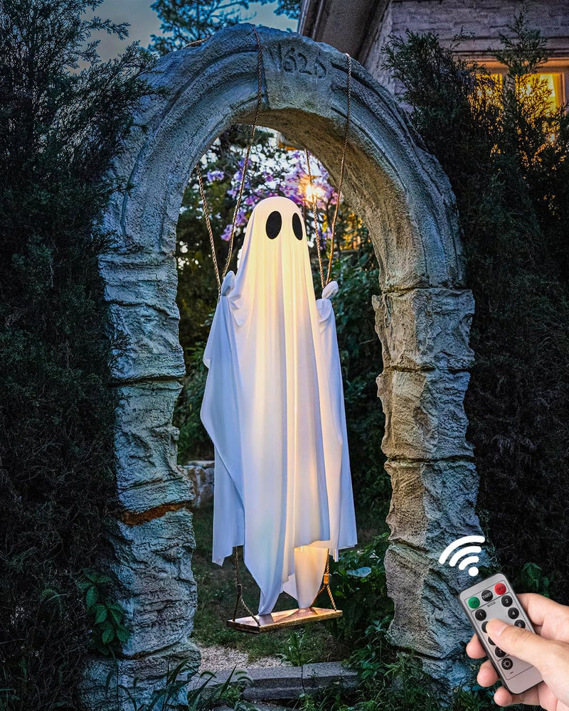 Halloween Decorations Outdoor - 5 FT Large Hanging Swing Ghost Halloween Decor with String Lights - Spooky Cute Ghosts Decorations for Front Porch Yard Tree