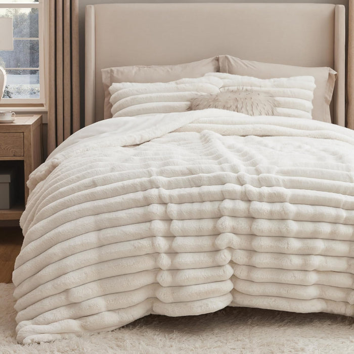 Bedsure Faux Fur Queen Comforter Set - Beige Fluffy Comforter Queen Size, Soft and Cozy Shaggy Bedding Comforter Sets, Winter Warm Luxury Fuzzy Bed Set 3 Pieces, 1 Comforter and 2 Pillowcases