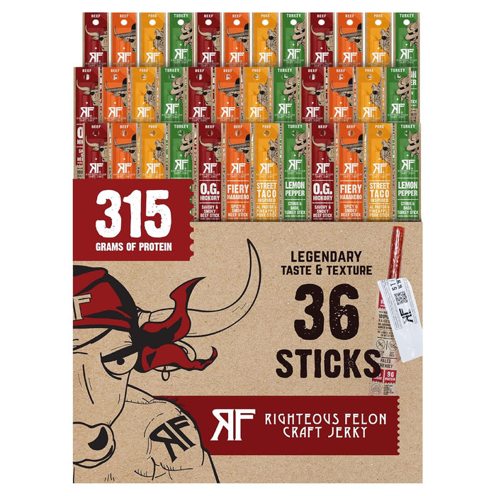 Righteous Felon Meat Sticks Variety Pack | Healthy Snack for Adults | Gluten Free & Keto Meat Sticks | Low Sugar & High Protein | Turkey, Pork, Beef Sticks | Jerky Gifts for Men | 24 Pack