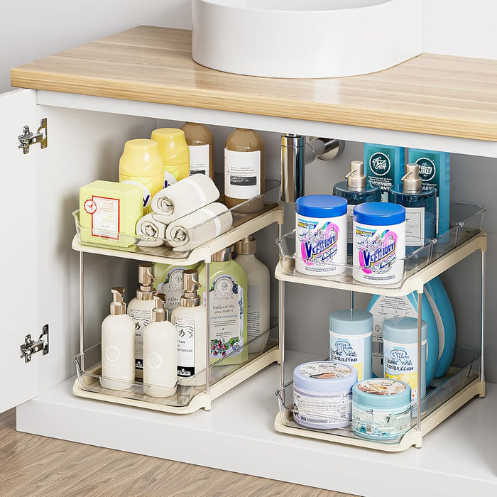 Delamu 2-Tier Multi-Purpose Bathroom Under Sink Organizers and Storage, Stackable Kitchen Pantry Organization, Pull Out Medicine Cabinet Organizer with Movable Dividers, White, 2 Pack