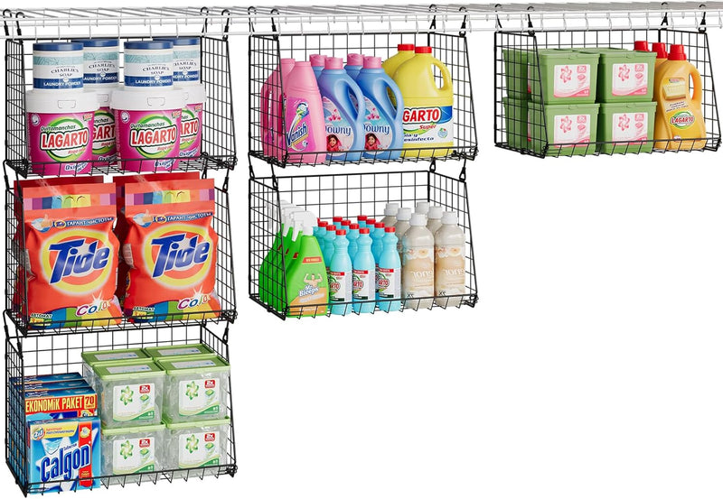3-Pack Hanging Laundry Room Organizaton：Foldable Laundry Basket Wire Basket with 360°Rotating Hooks Small Space Organization Over Washer and Dryer Shelves - Hanging Closet Organizer, Black Patent