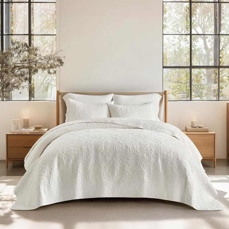 EVERGRACE 100% Cotton Scallop Quilt Set, Queen Size 3 Piece Set – Lightweight Bedspread with 2 Shams, Soft Prewashed Coverlet for Cozy and Elegant Bedding, Ivory Cream